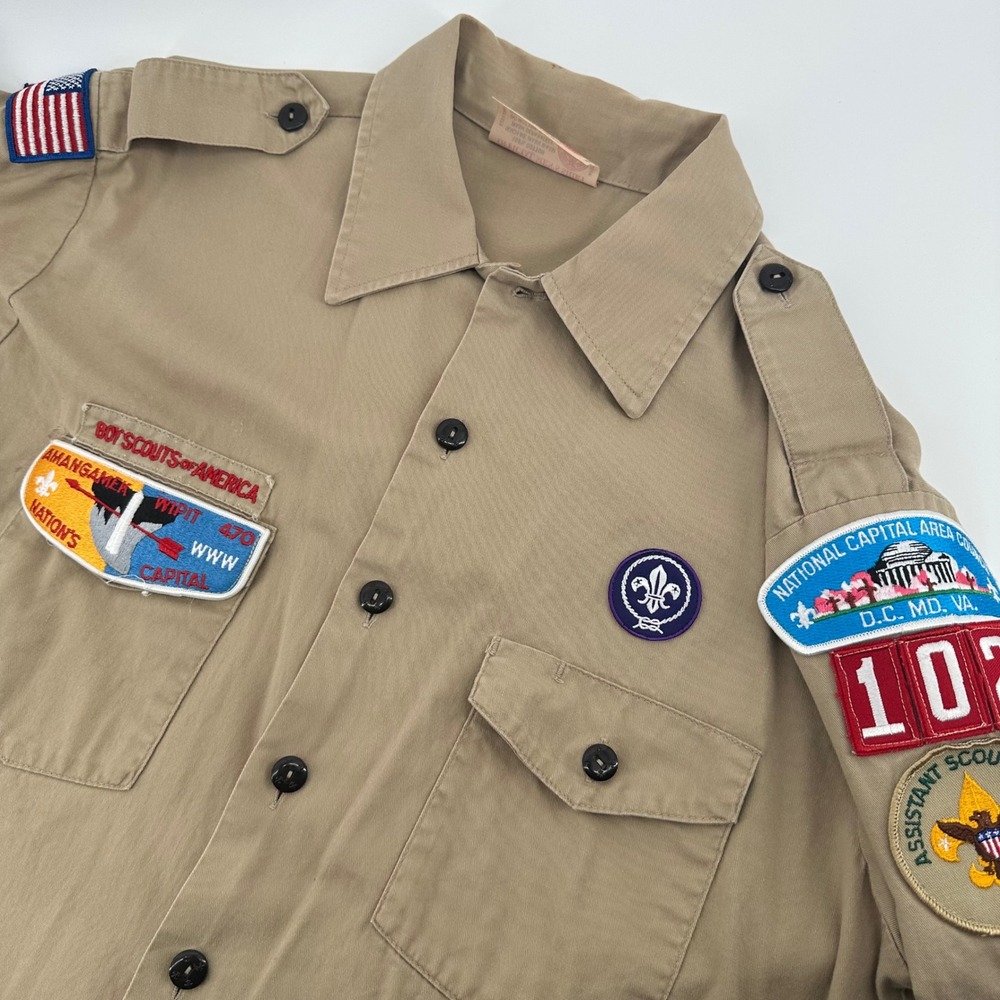 Boy Scouts of America Mens Tan Short Sleeve Uniform Shirt Patches Size Large